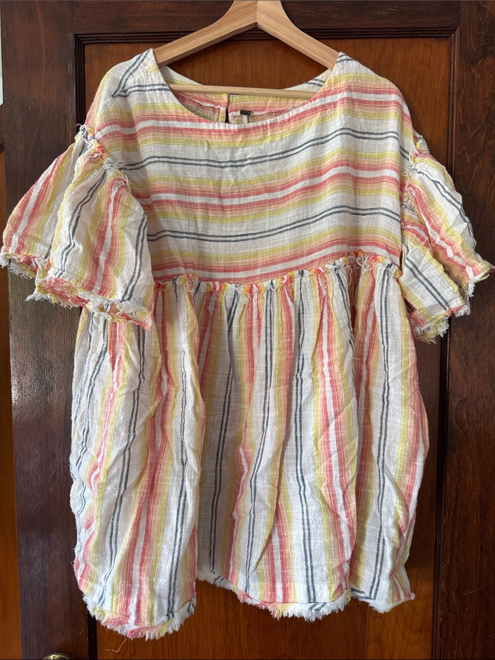 Free People Striped Ruffle-Sleeve Mini Dress in White, Yellow, Pink